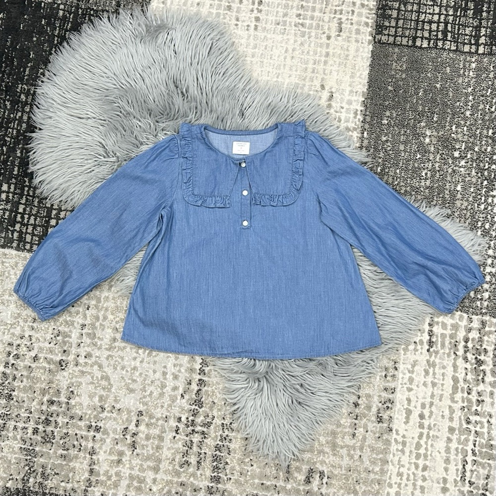 Crewcuts‎ Girls Long Sleeve Blue Chambray Ruffle Top Size Medium